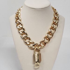 Authentic Louis Vuitton Padlock Gold Pendant W/ Geometry Cuban Style Chain